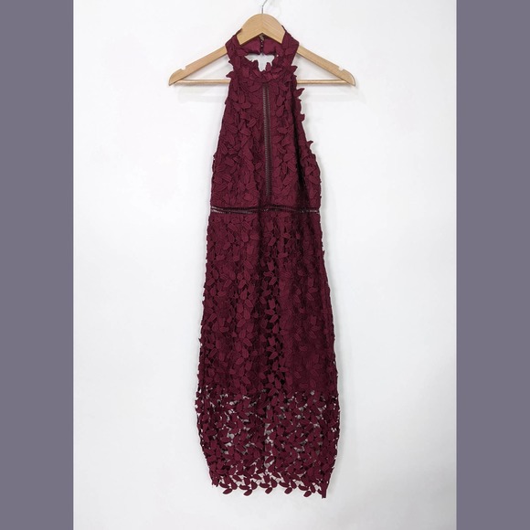 Bardot Gemma Halter Lace Sheath Dress In Burgundy Wine Red - Picture 4 of 12